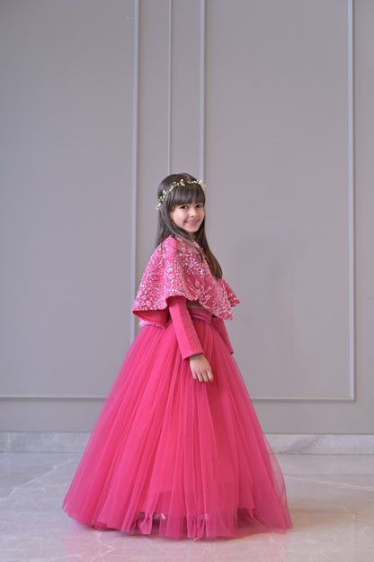 Fuchsia Pink Sequence Cape Lehenga Set