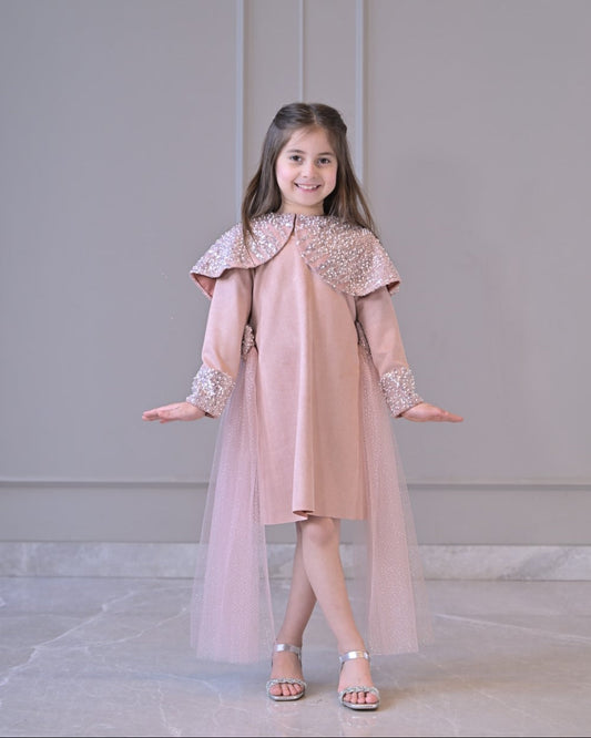 Nude Sequence Shoulder Cape Side Flair Dress