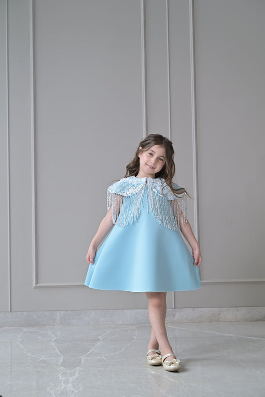 Ice Blue A Line Silver Frill Shoulder Cape Dress