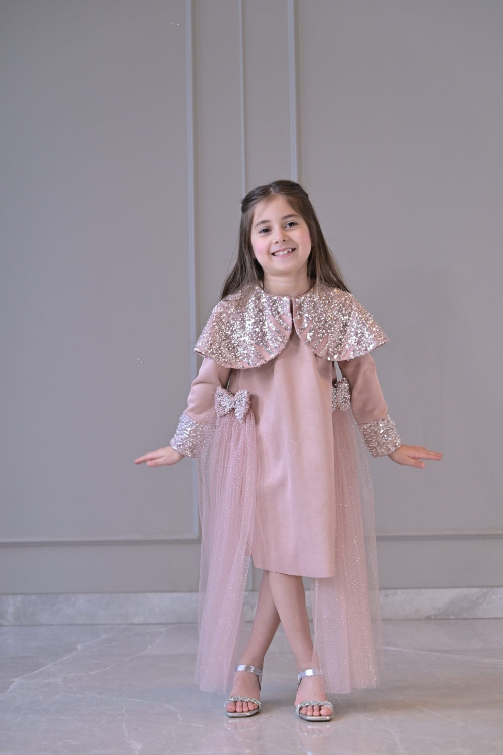 Nude Sequence Shoulder Cape Side Flair Dress