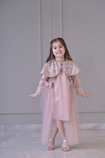 Nude Sequence Shoulder Cape Side Flair Dress