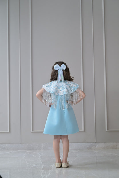 Ice Blue A Line Silver Frill Shoulder Cape Dress