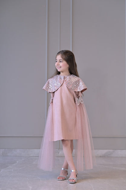 Nude Sequence Shoulder Cape Side Flair Dress