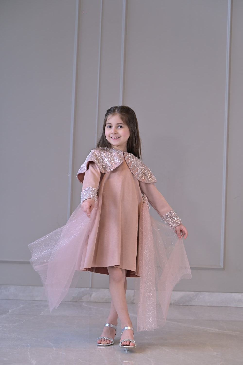 Nude Sequence Shoulder Cape Side Flair Dress