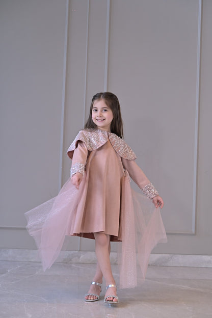 Nude Sequence Shoulder Cape Side Flair Dress