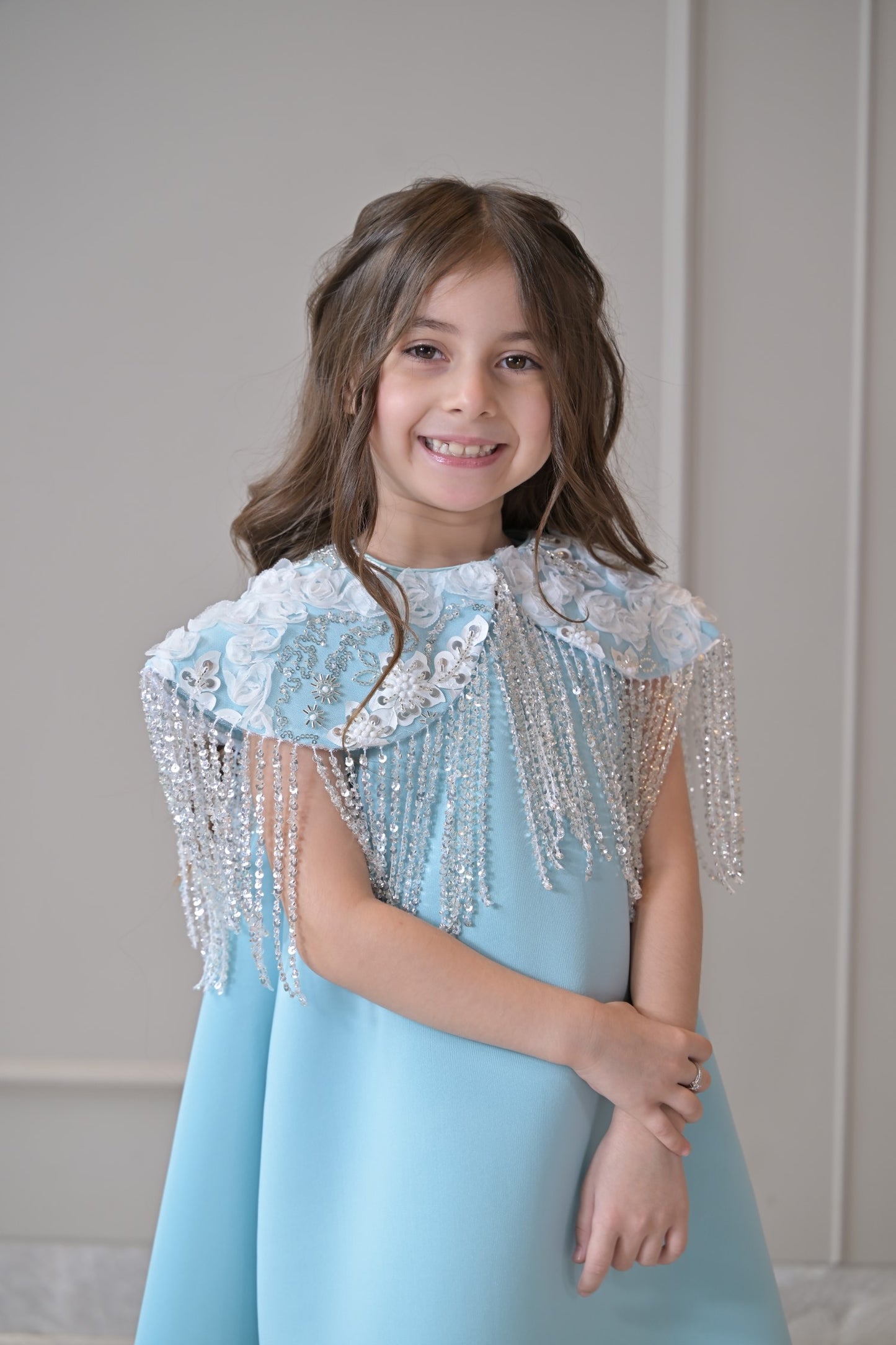 Ice Blue A Line Silver Frill Shoulder Cape Dress