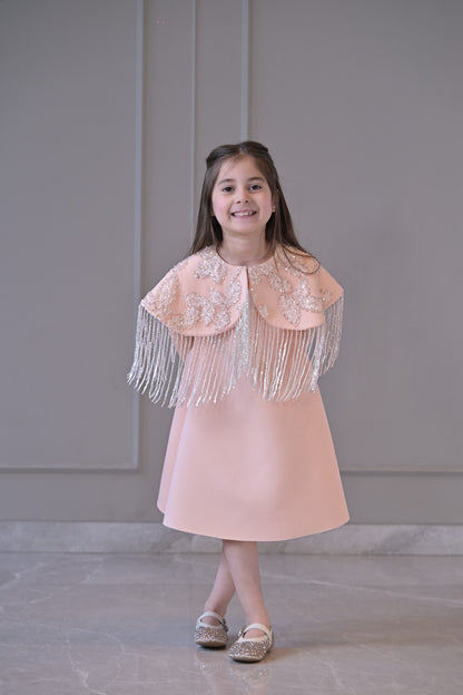 Peach Shoulder Cape Frill Dress