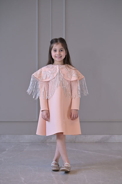 Peach Shoulder Cape Frill Dress