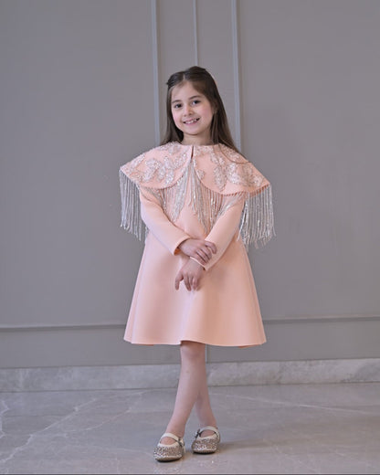 Peach Shoulder Cape Frill Dress