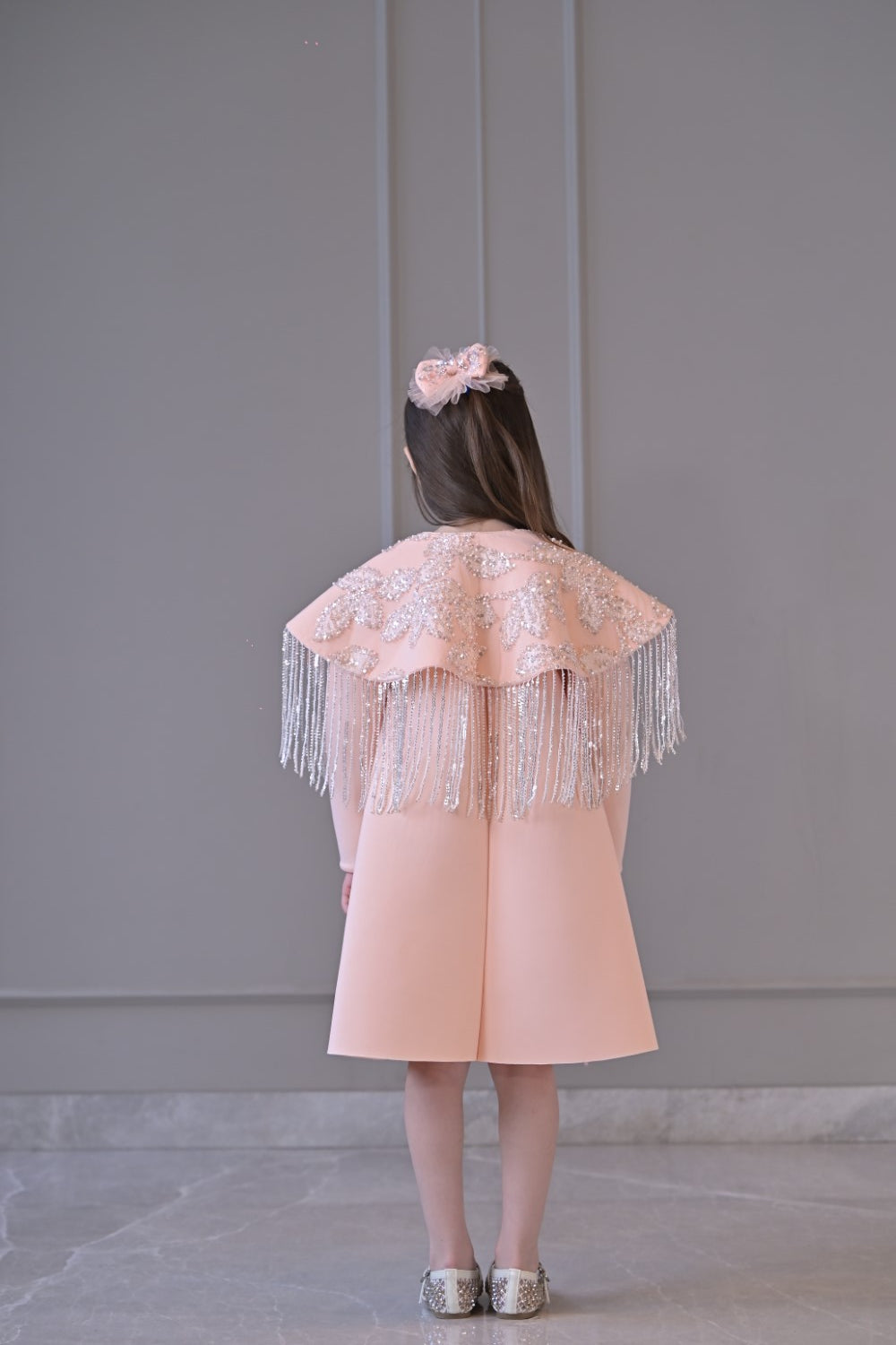 Peach Shoulder Cape Frill Dress
