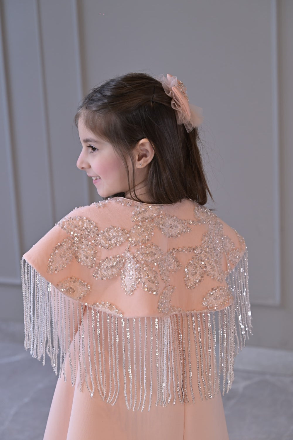 Peach Shoulder Cape Frill Dress