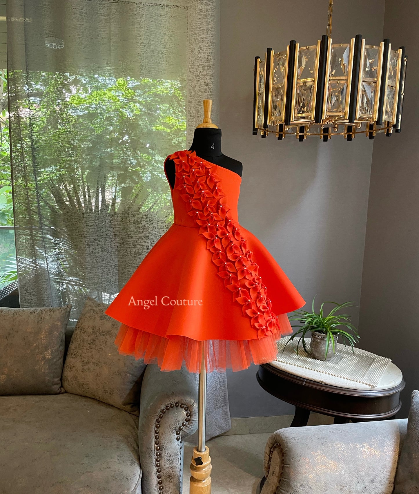 Orange One Shoulder Falling Flowers Dress