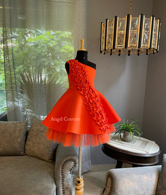 Orange One Shoulder Falling Flowers Dress