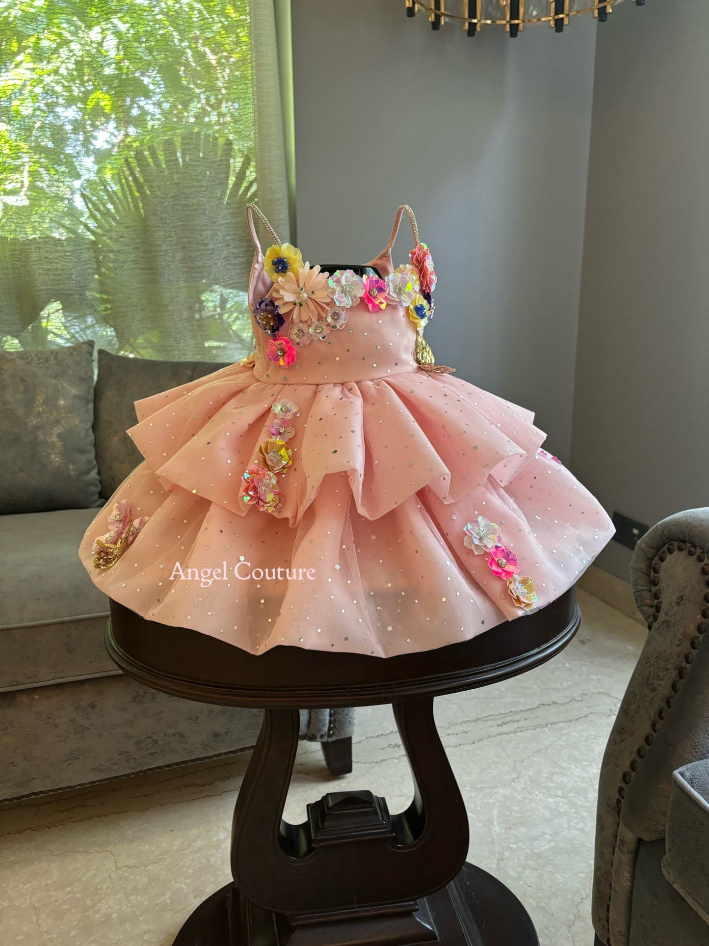 Baby Pink Sequence Flowers Organza Dress