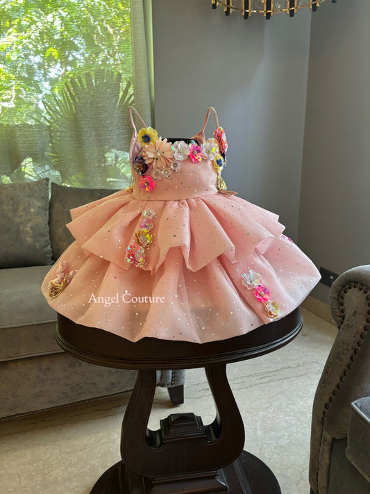 Baby Pink Sequence Flowers Organza Dress