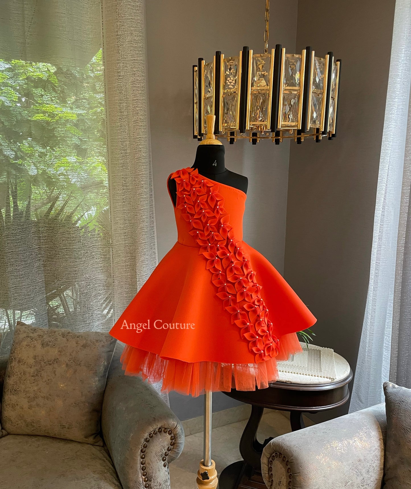 Orange One Shoulder Falling Flowers Dress
