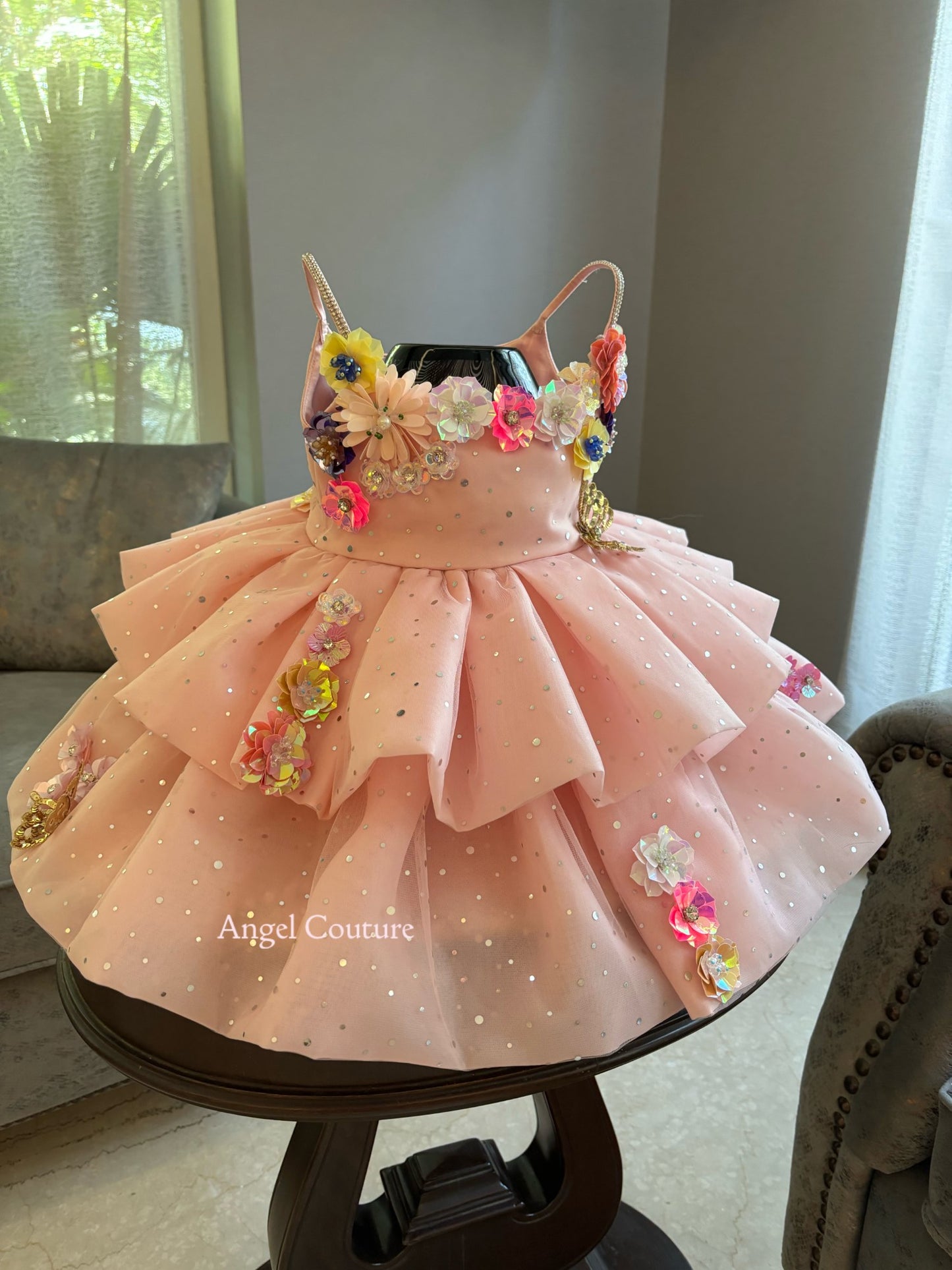 Baby Pink Sequence Flowers Organza Dress