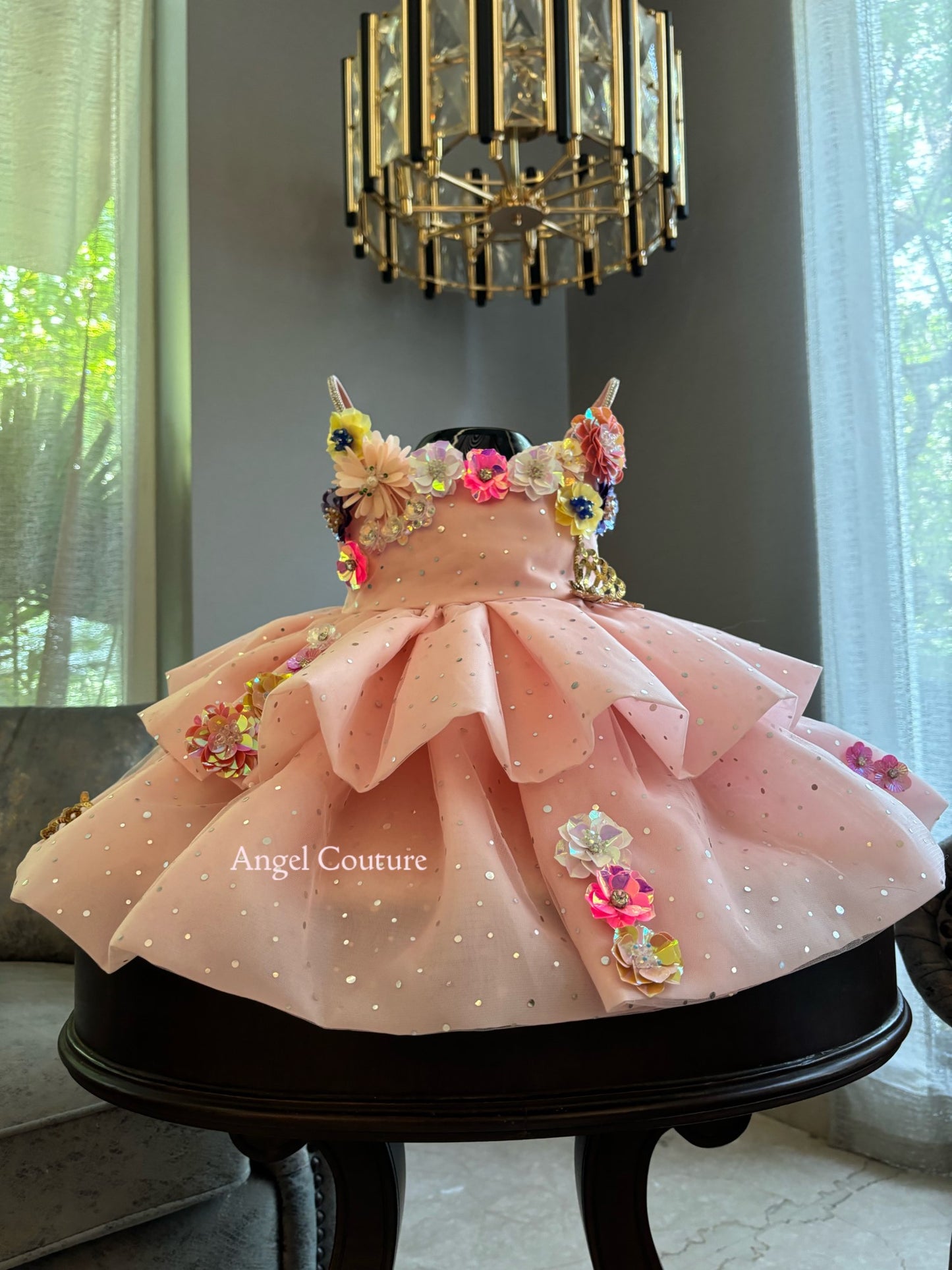Baby Pink Sequence Flowers Organza Dress