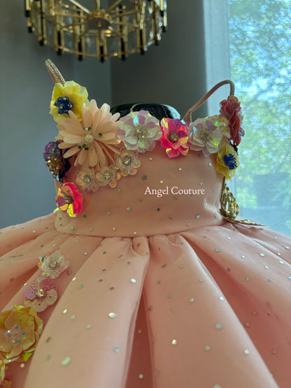 Baby Pink Sequence Flowers Organza Dress