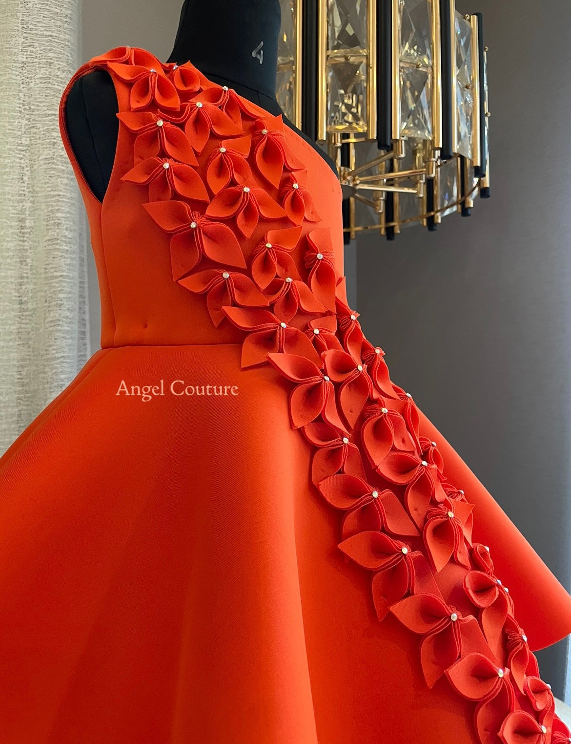 Orange One Shoulder Falling Flowers Dress