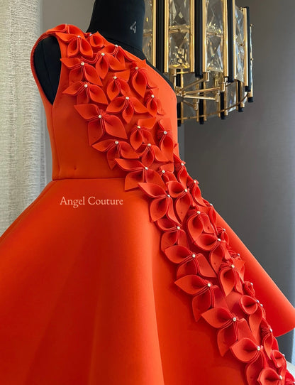 Orange One Shoulder Falling Flowers Dress