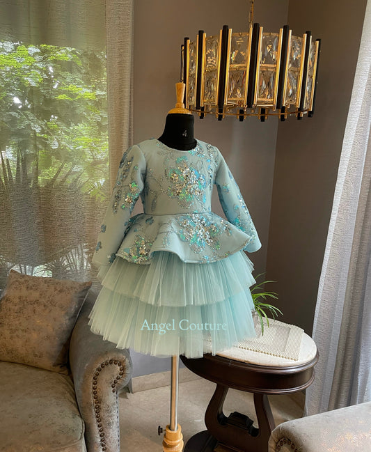 Ice Blue Shades Of Sea Sequnce Peplum Dress
