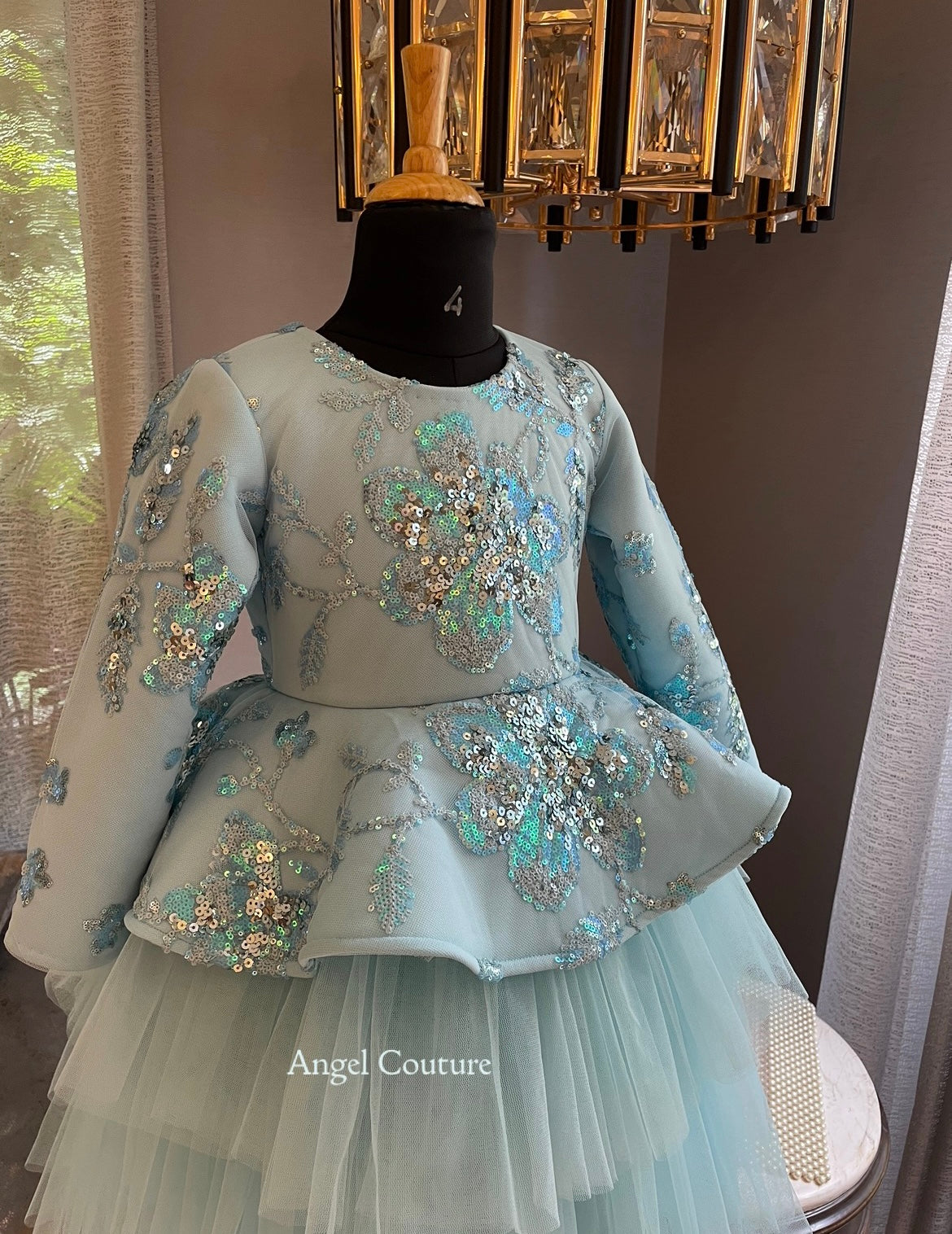 Ice Blue Shades Of Sea Sequnce Peplum Dress