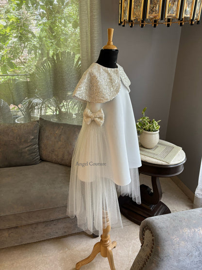 Ivory Silver Shoulder Cape A Line Dress
