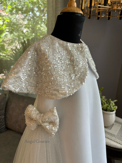 Ivory Silver Shoulder Cape A Line Dress