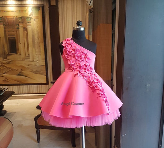 Fuchsia Pink One Shoulder Falling Flowers Dress