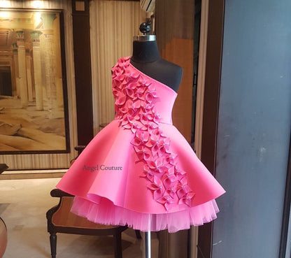 Fuchsia Pink One Shoulder Falling Flowers Dress