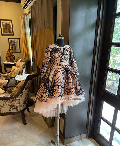 Peach Black Sequence Spider Short Long Gown