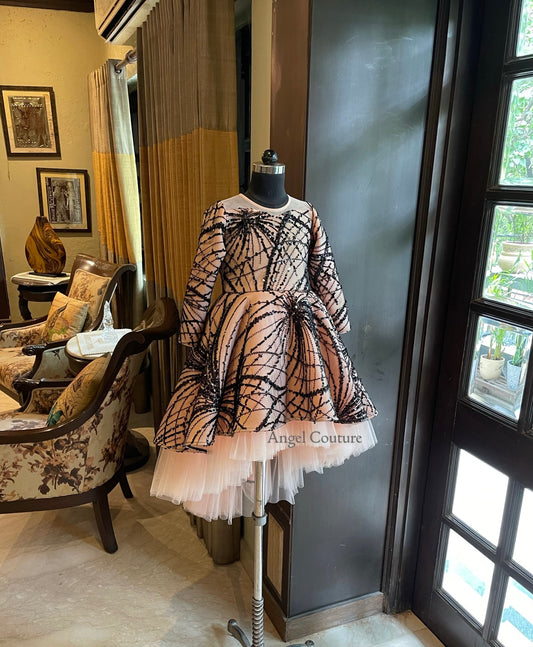 Peach Black Sequence Spider Short Long Gown