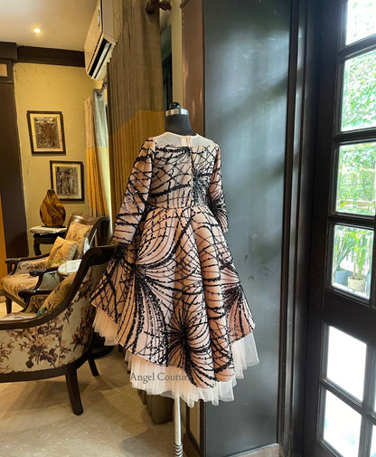 Peach Black Sequence Spider Short Long Gown