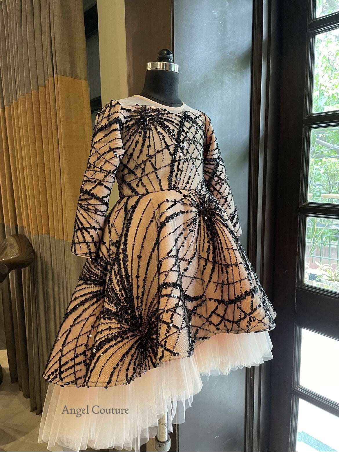 Peach Black Sequence Spider Short Long Gown