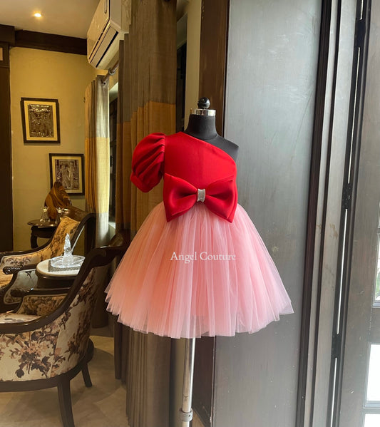 Red Baby Pink One Shoulder Box Sleeve Dress