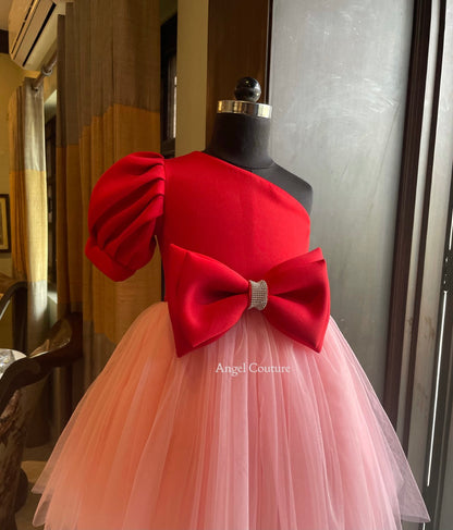 Red Baby Pink One Shoulder Box Sleeve Dress