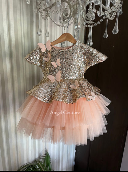 Golden Peach Peplum Butterfly Dress