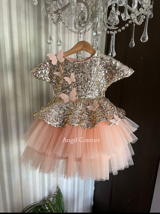 Golden Peach Peplum Butterfly Dress