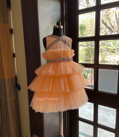 Peach Rose Gold Lace Multilayer Dress