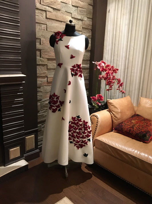 Ivory Maroon Flowers Full Length Gown