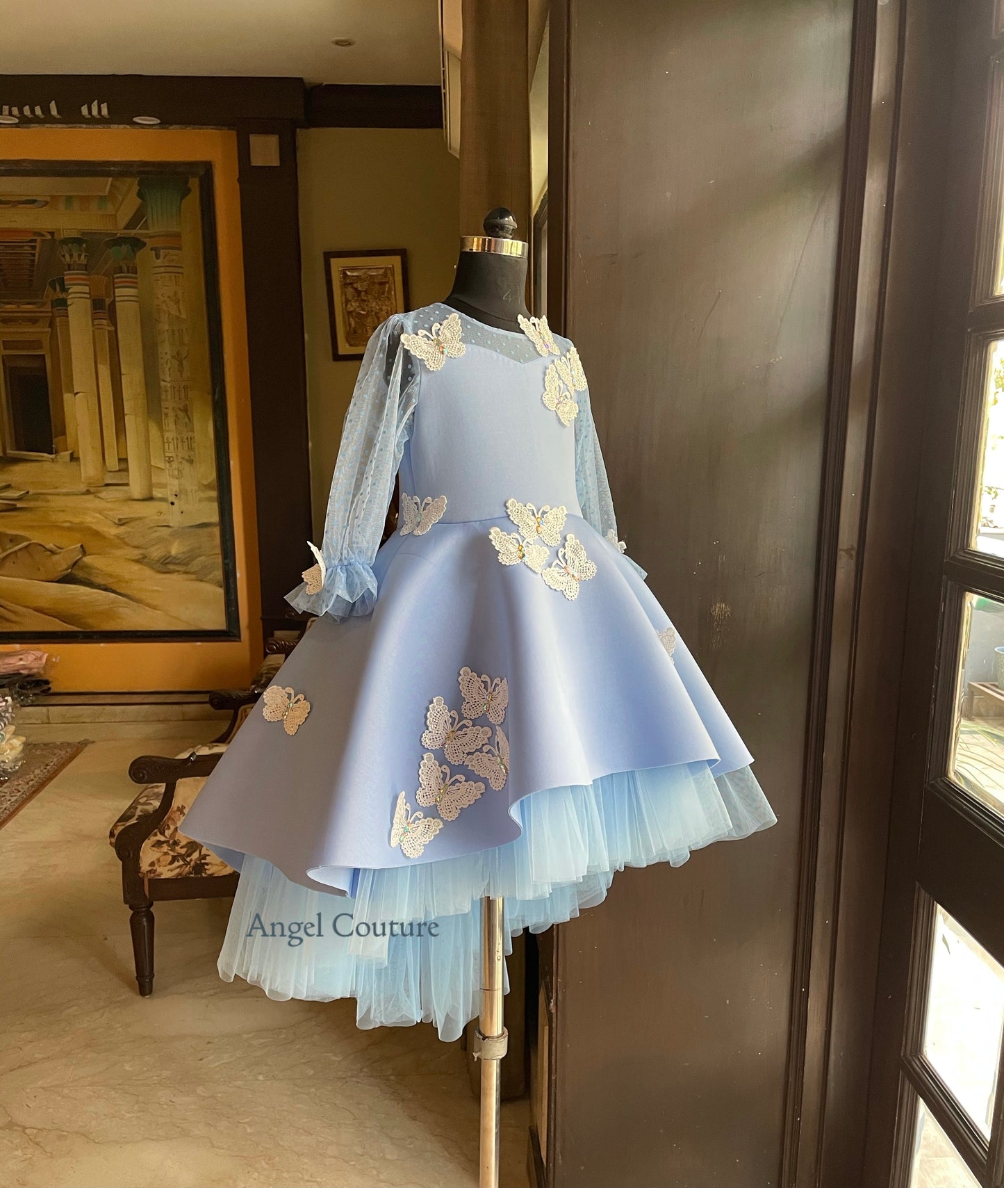 Powder Blue Lace Butterfly Short Long Gown