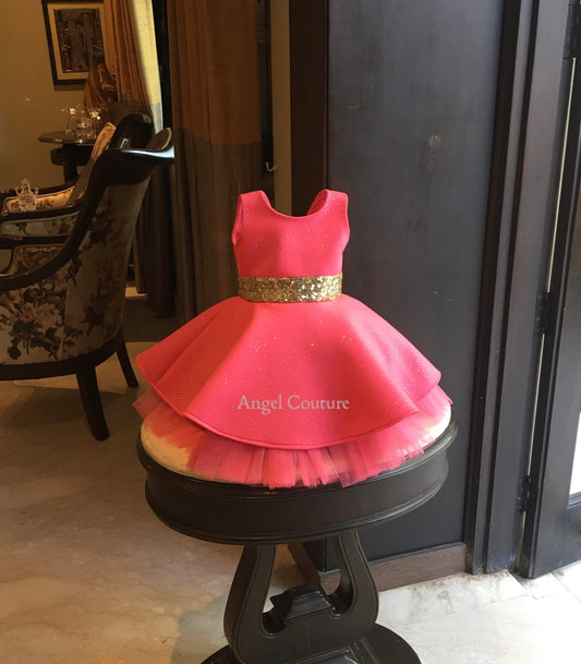Fuchsia Pink Glitter Golden Bow Dress