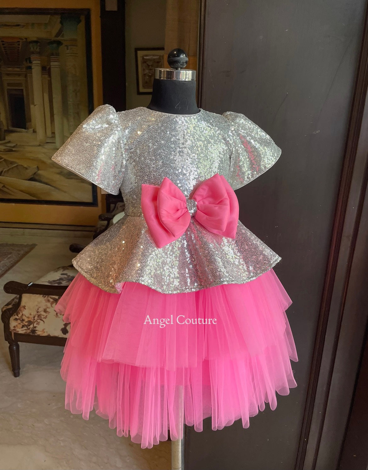 Silver Fuchsia Pink Peplum Dress