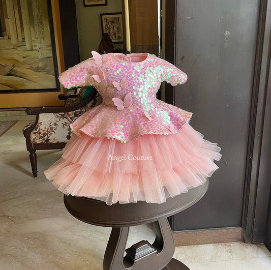Baby Pink Sequence Peplum Butterfly Dress