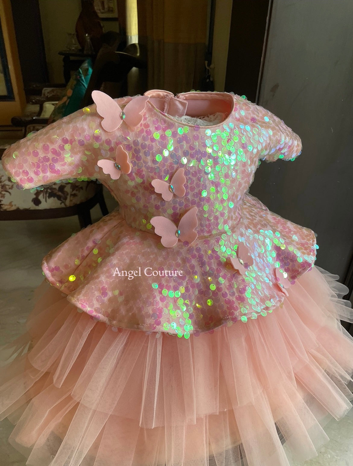 Baby Pink Sequence Peplum Butterfly Dress