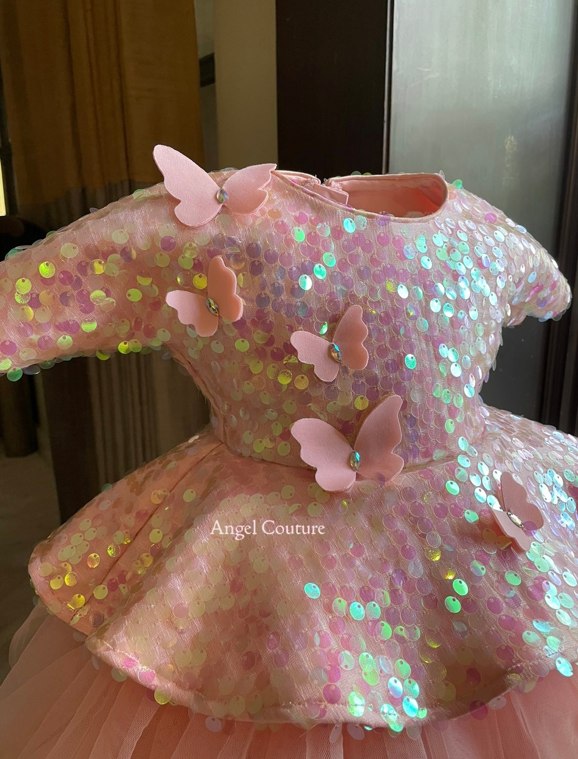Baby Pink Sequence Peplum Butterfly Dress