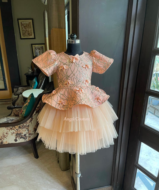 Peach Sequence Peplum Jungle Dress