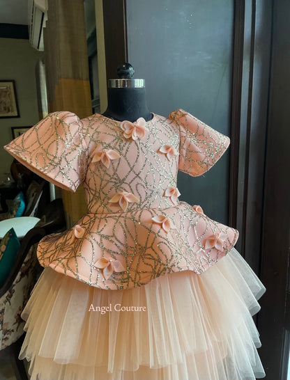 Peach Sequence Peplum Jungle Dress