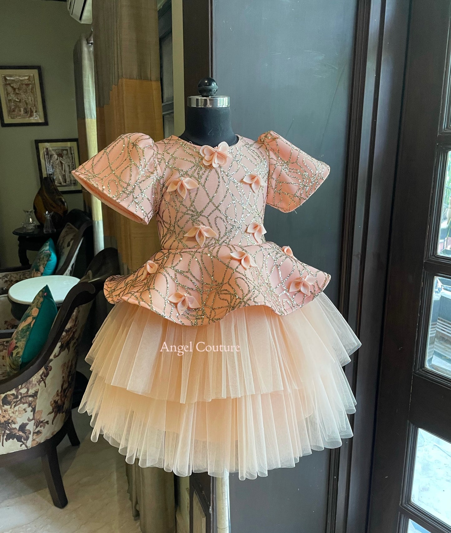 Peach Sequence Peplum Jungle Dress